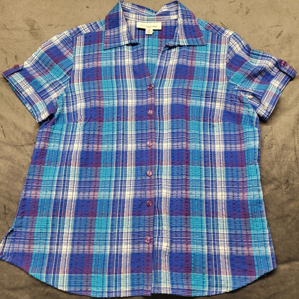 Breckenridge Button Up Short Sleeve Button Up V Neck Plaid Purple 100% Cotton